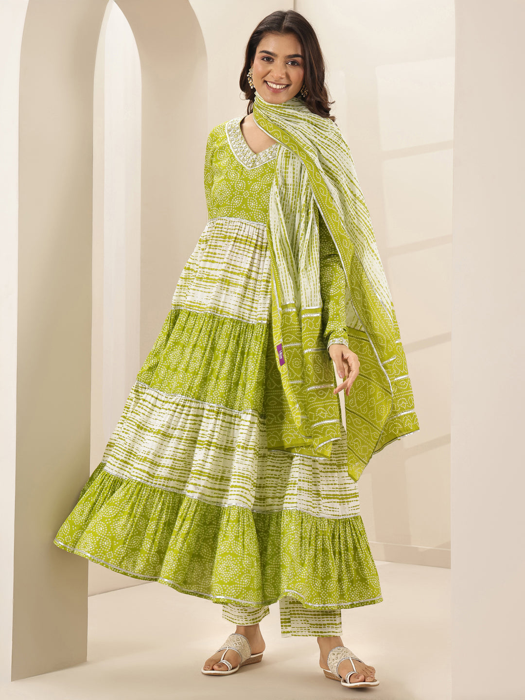 Green Printed Cotton Anarkali Suit Sets With Dupatta