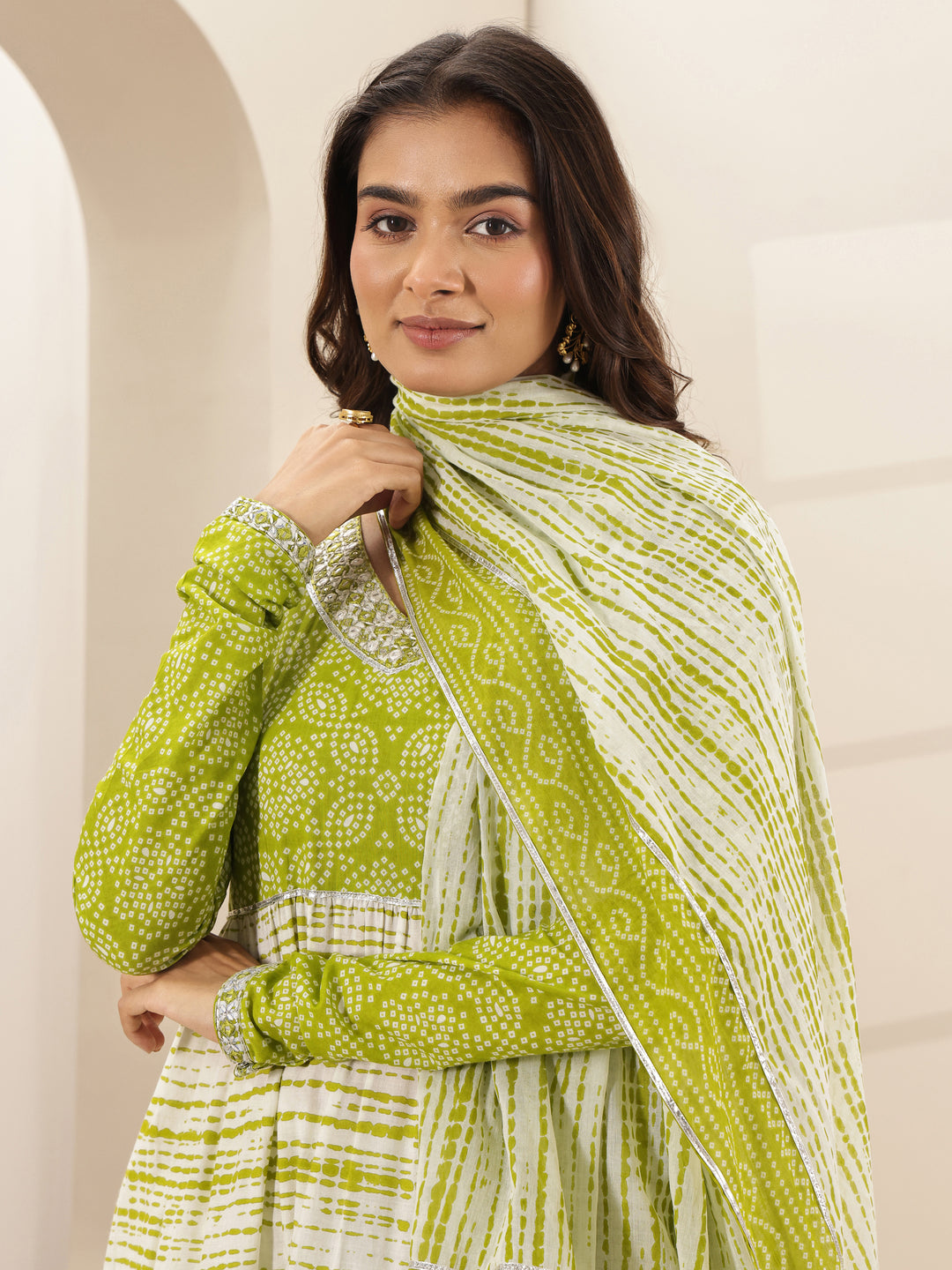 Green Printed Cotton Anarkali Suit Sets With Dupatta