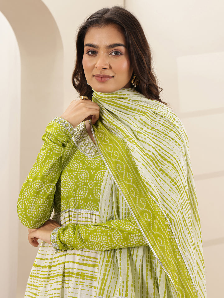 Green Printed Cotton Anarkali Suit Sets With Dupatta