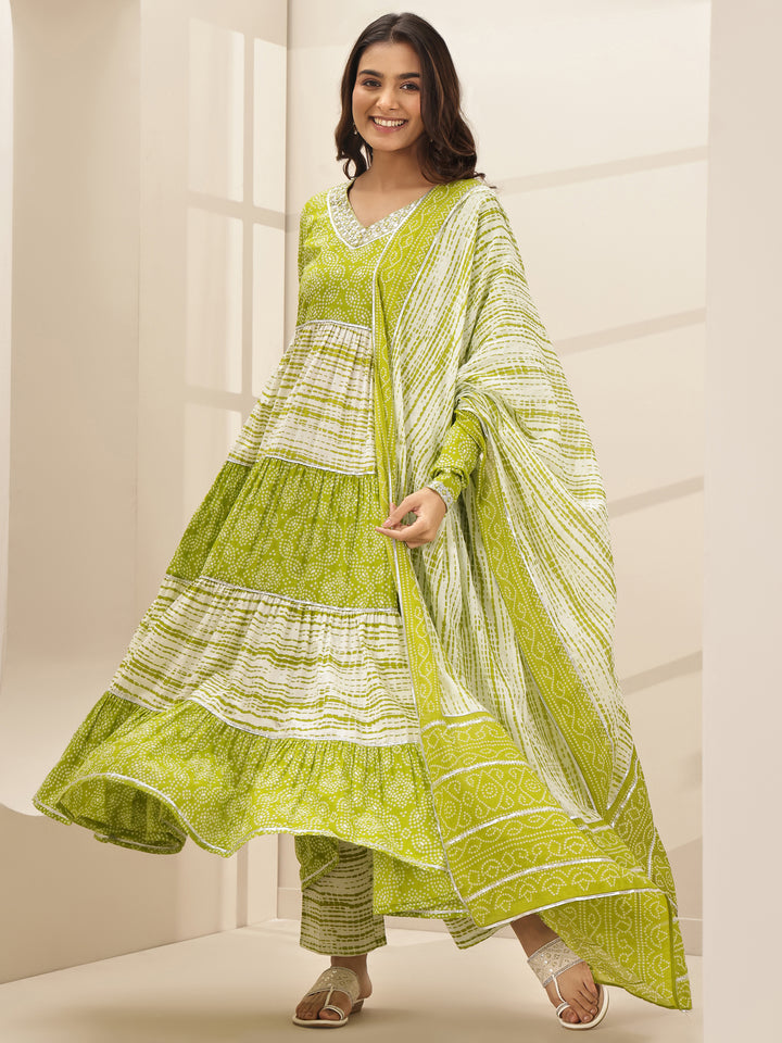 Green Printed Cotton Anarkali Suit Sets With Dupatta