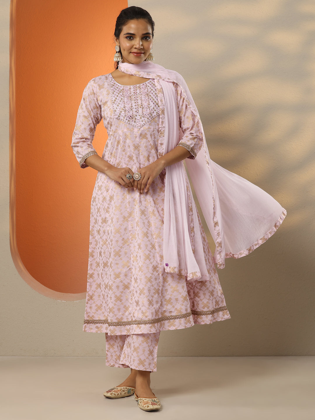 Pink Printed Cotton Anarkali Suit Set With Dupatta