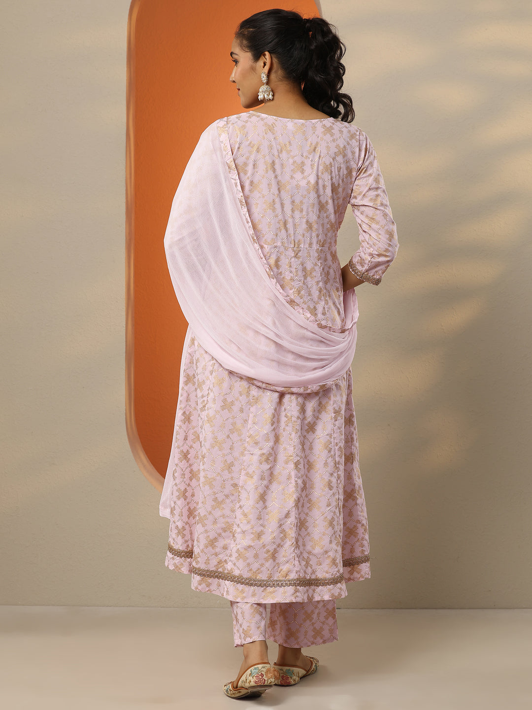 Pink Printed Cotton Anarkali Suit Set With Dupatta