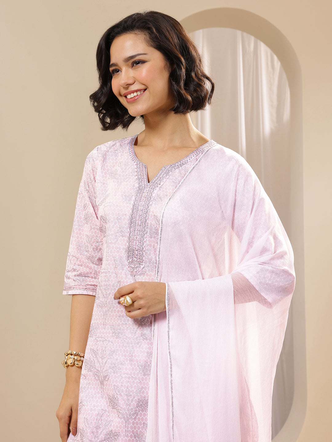 Pink Printed Cotton Straight Suit Sets With Dupatta