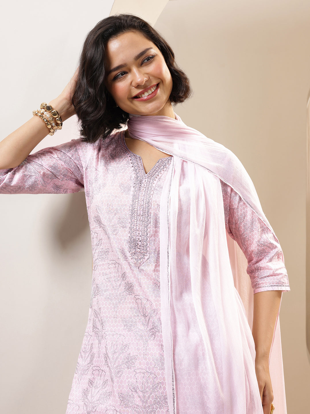 Pink Printed Cotton Straight Suit Sets With Dupatta