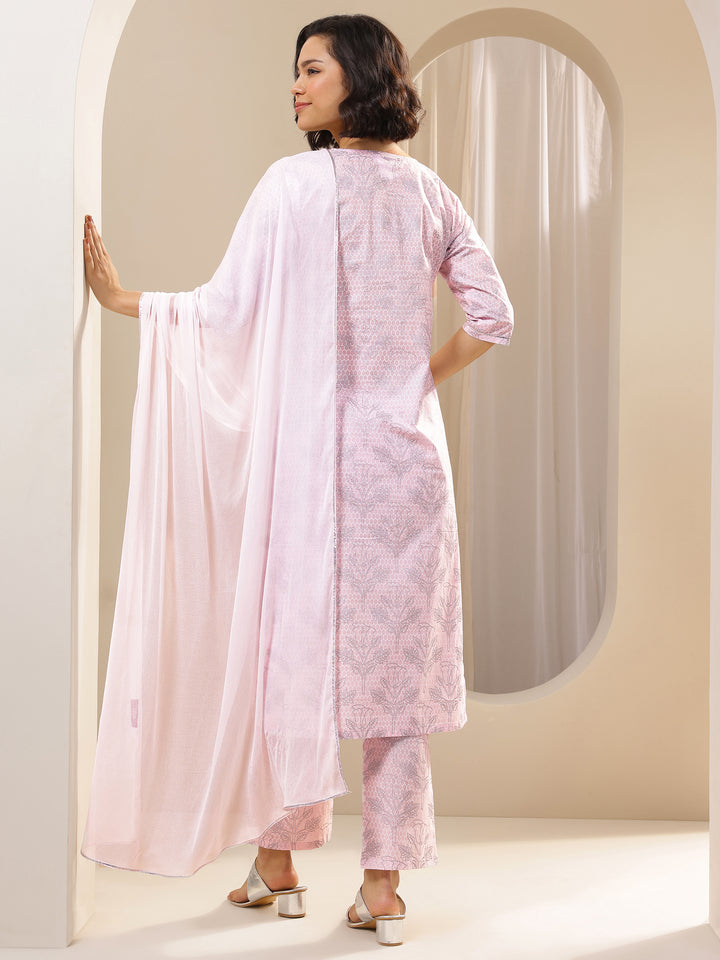 Pink Printed Cotton Straight Suit Sets With Dupatta