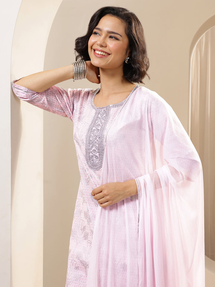 Pink Printed Cotton Straight Suit Sets With Dupatta