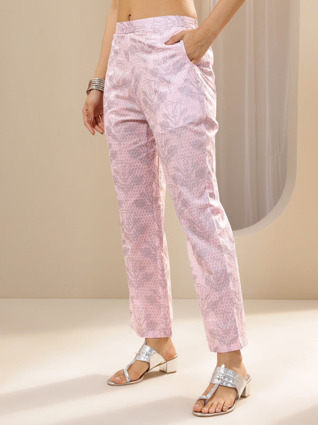 Pink Printed Cotton Straight Suit Sets With Dupatta