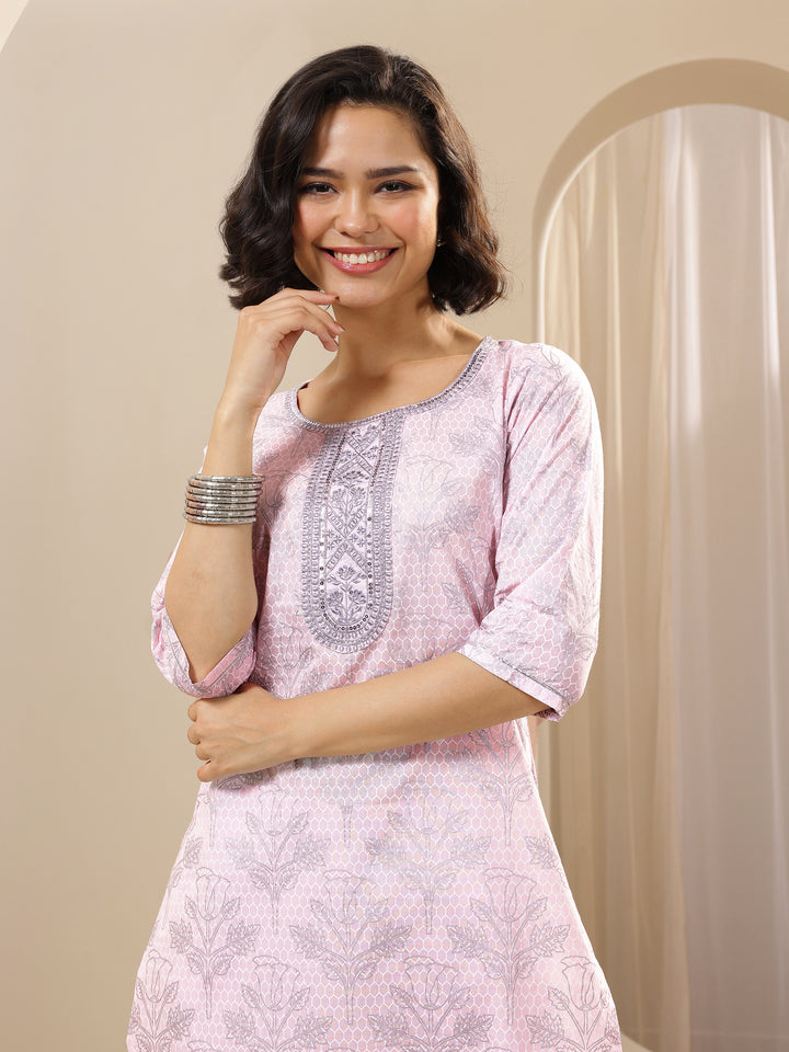 Pink Printed Cotton Straight Suit Sets With Dupatta