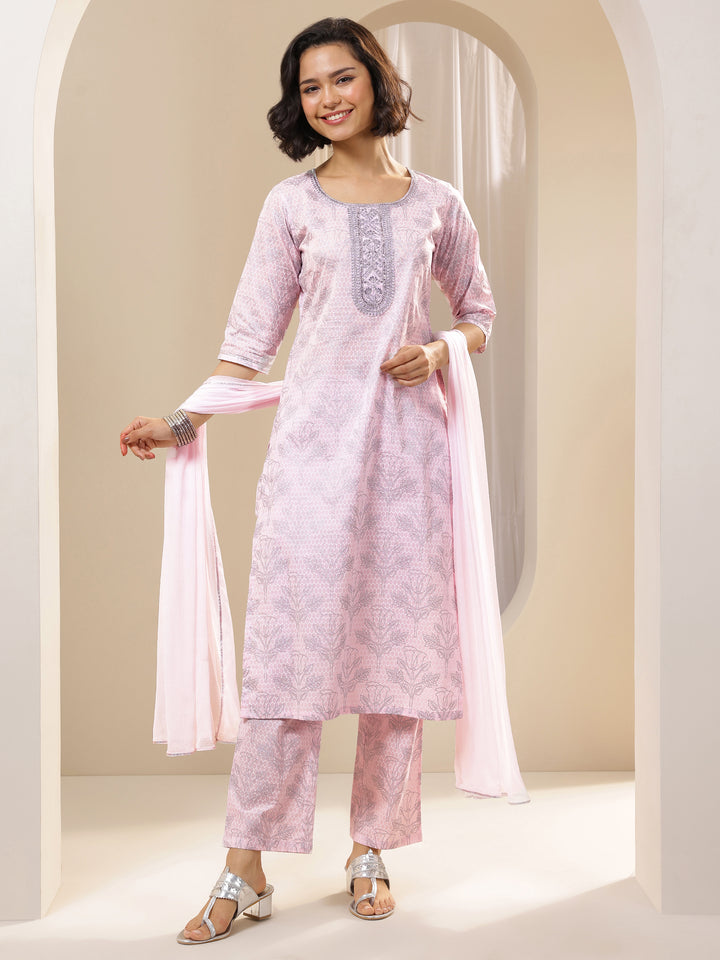 Pink Printed Cotton Straight Suit Sets With Dupatta