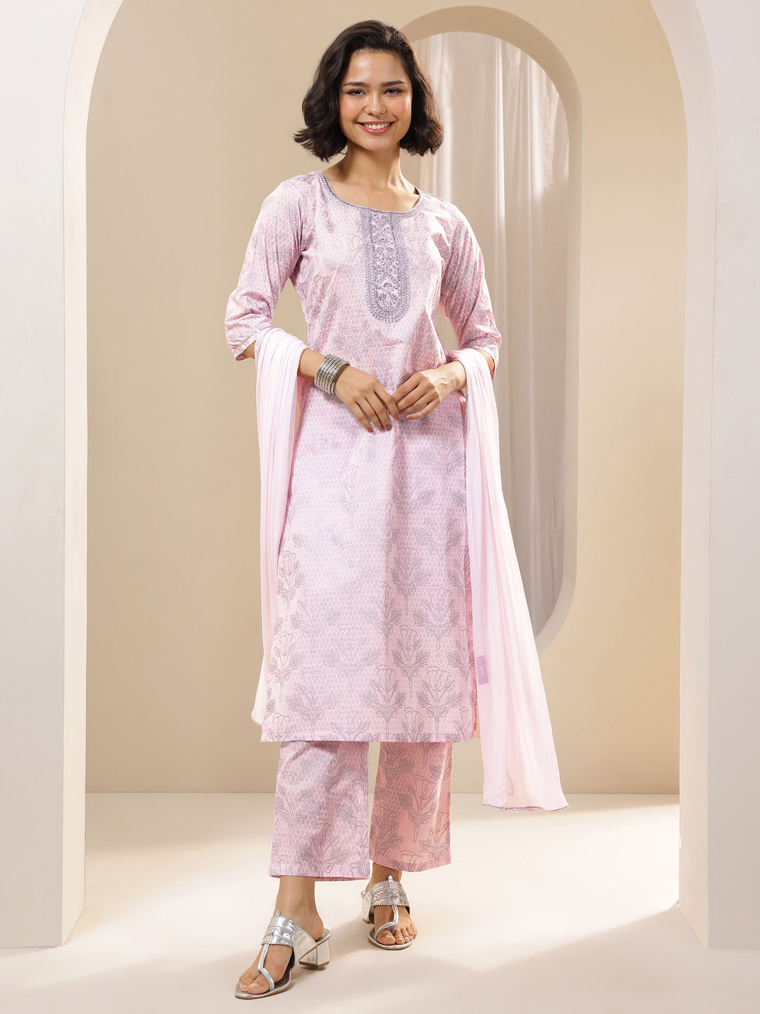Pink Printed Cotton Straight Suit Sets With Dupatta