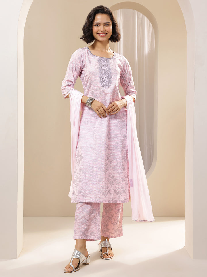 Pink Printed Cotton Straight Suit Sets With Dupatta