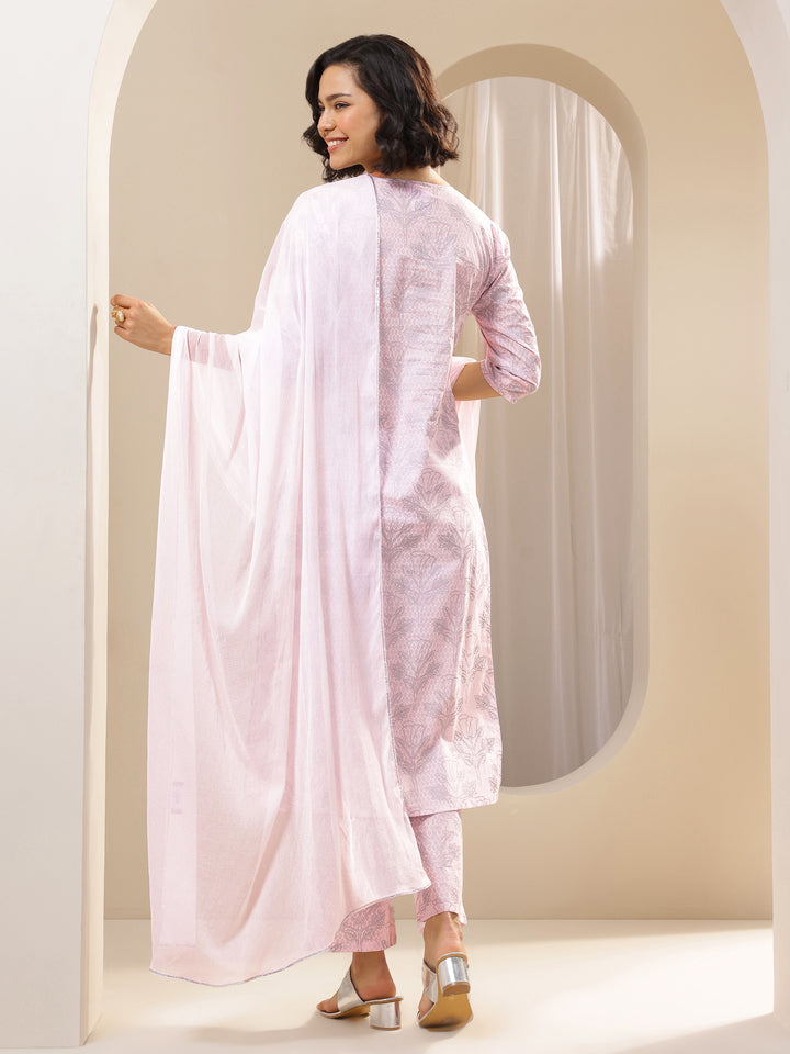 Pink Printed Cotton Straight Suit Sets With Dupatta