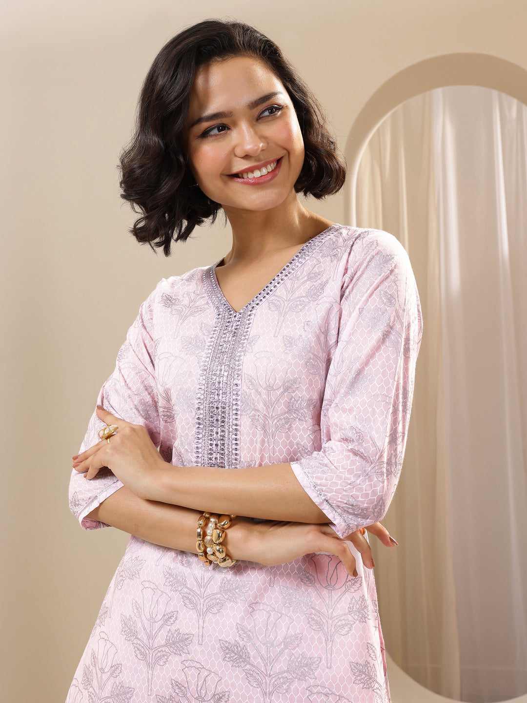 Pink Printed Cotton Straight Suit Sets With Dupatta