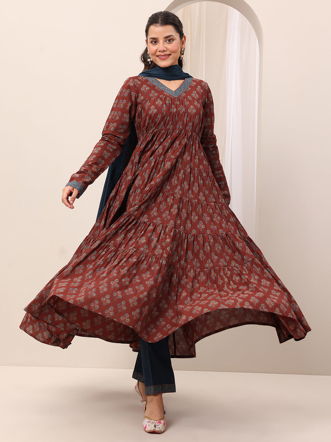 Buy Brown Printed Cotton Anarkali Suit Set With Dupatta Online in USA at  $44.00