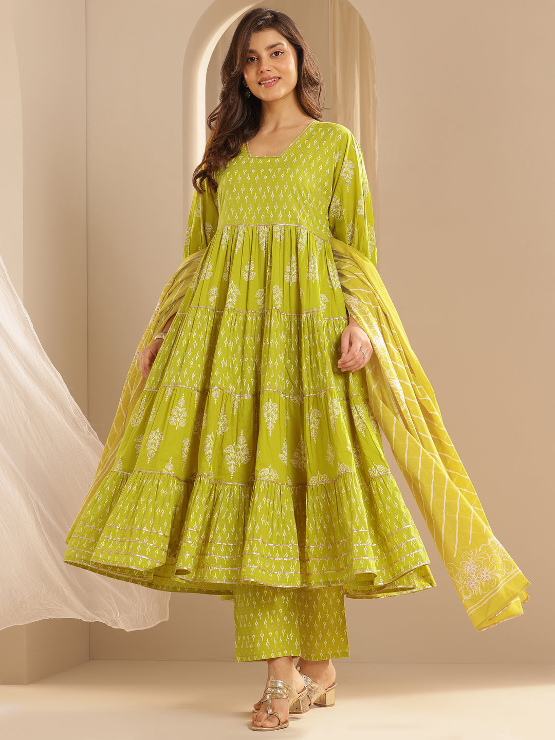 Green Printed Cotton Anarkali Suit Set With Dupatta