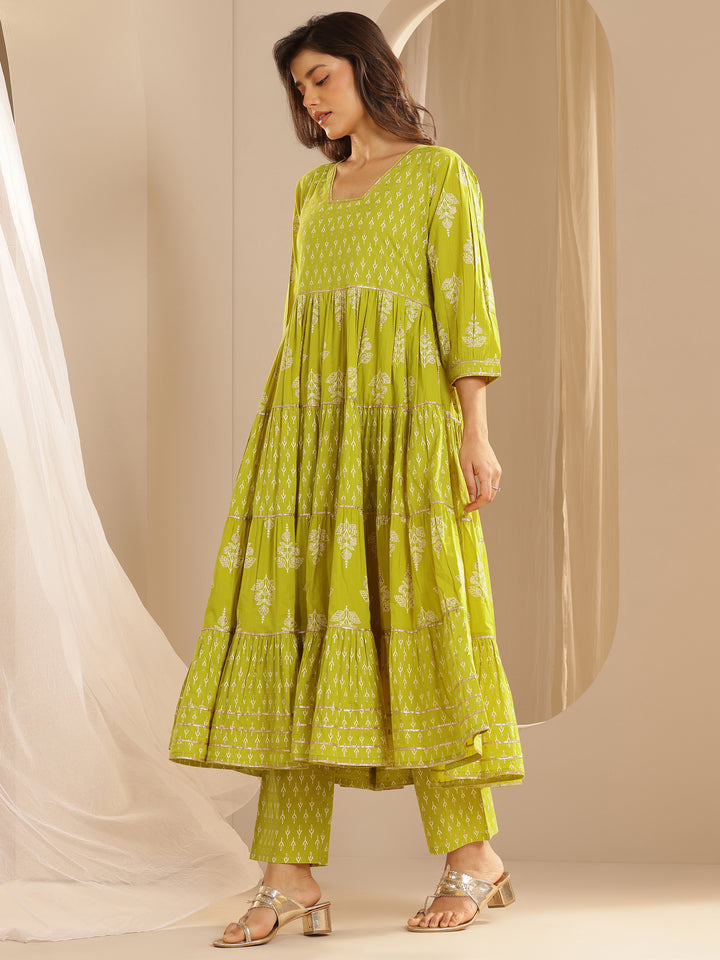 Green Printed Cotton Anarkali Suit Set With Dupatta