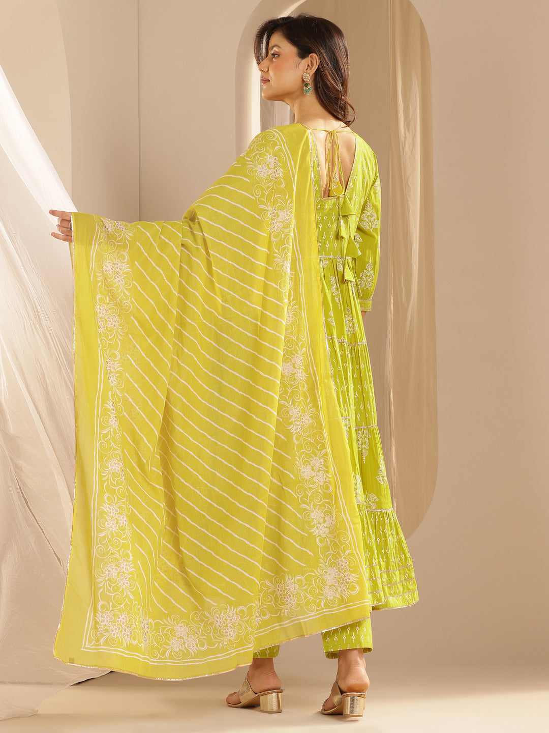 Green Printed Cotton Anarkali Suit Set With Dupatta