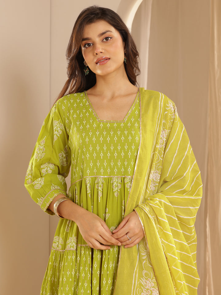 Green Printed Cotton Anarkali Suit Set With Dupatta