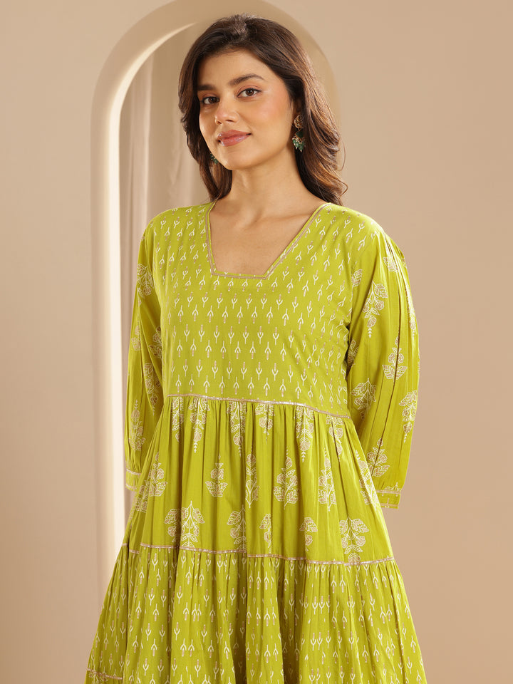 Green Printed Cotton Anarkali Suit Set With Dupatta