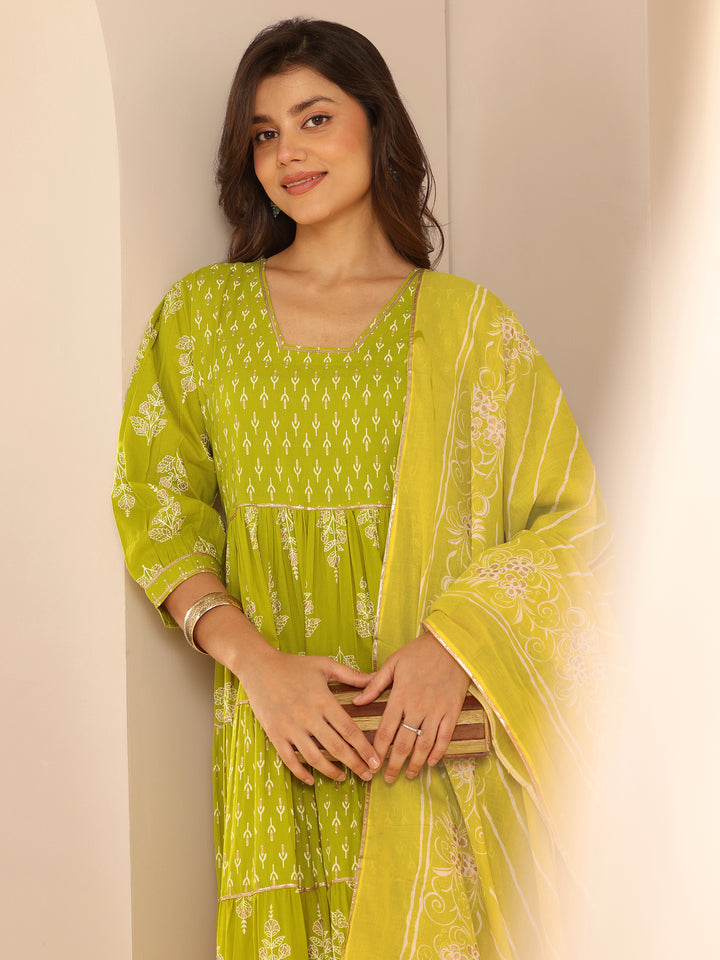 Green Printed Cotton Anarkali Suit Set With Dupatta
