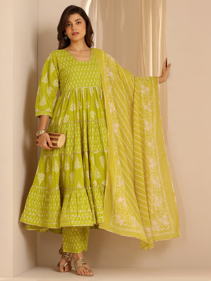 Green Printed Cotton Anarkali Suit Set With Dupatta