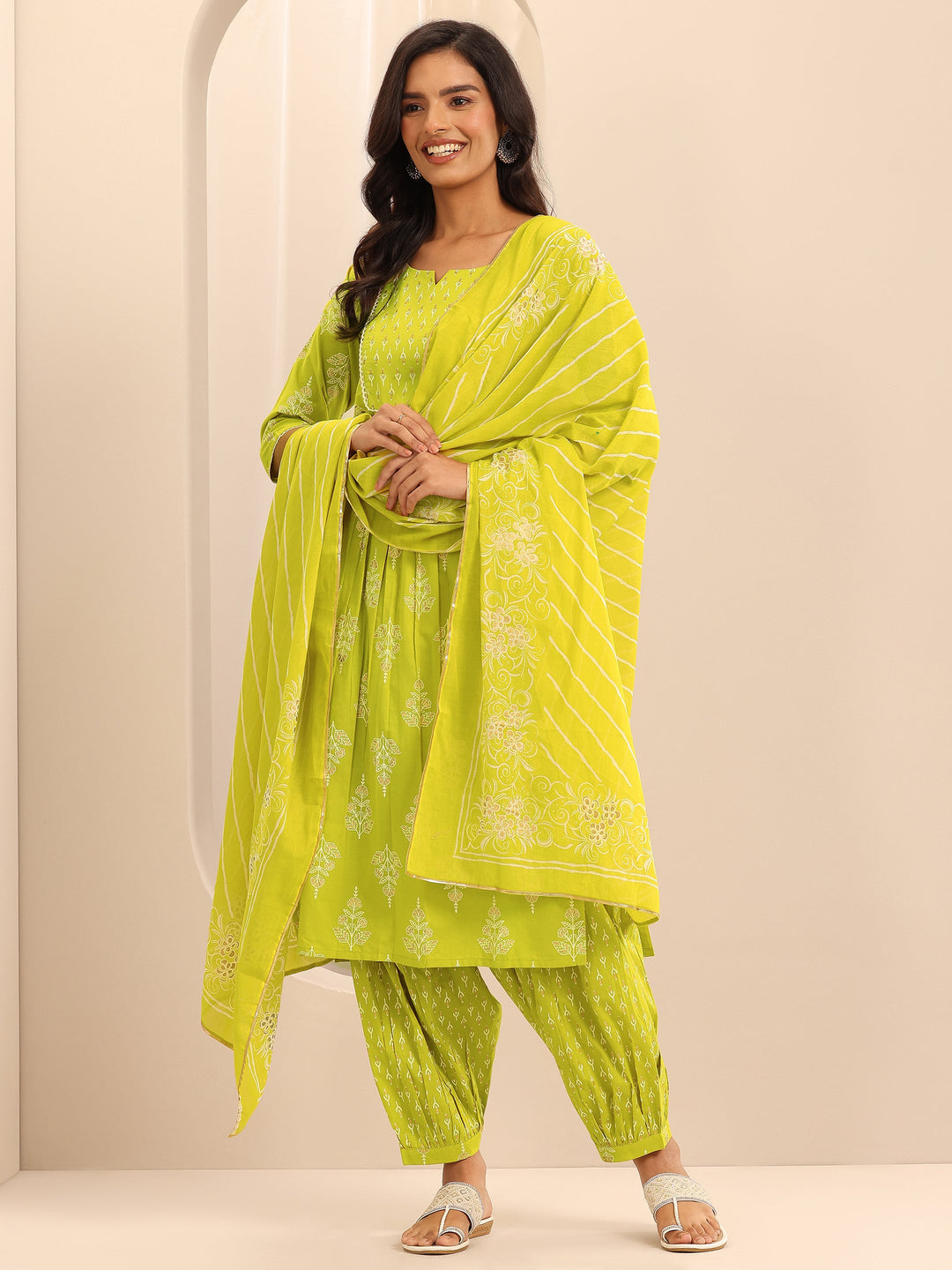 Green Printed Cotton Straight Suit Set With Dupatta