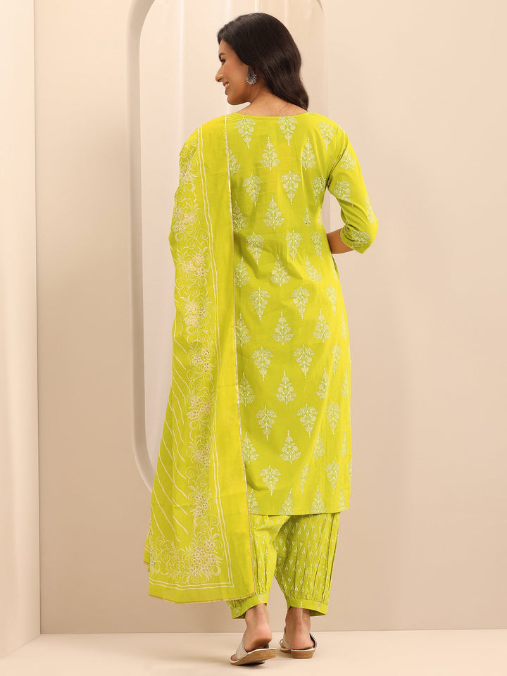 Green Printed Cotton Straight Suit Set With Dupatta