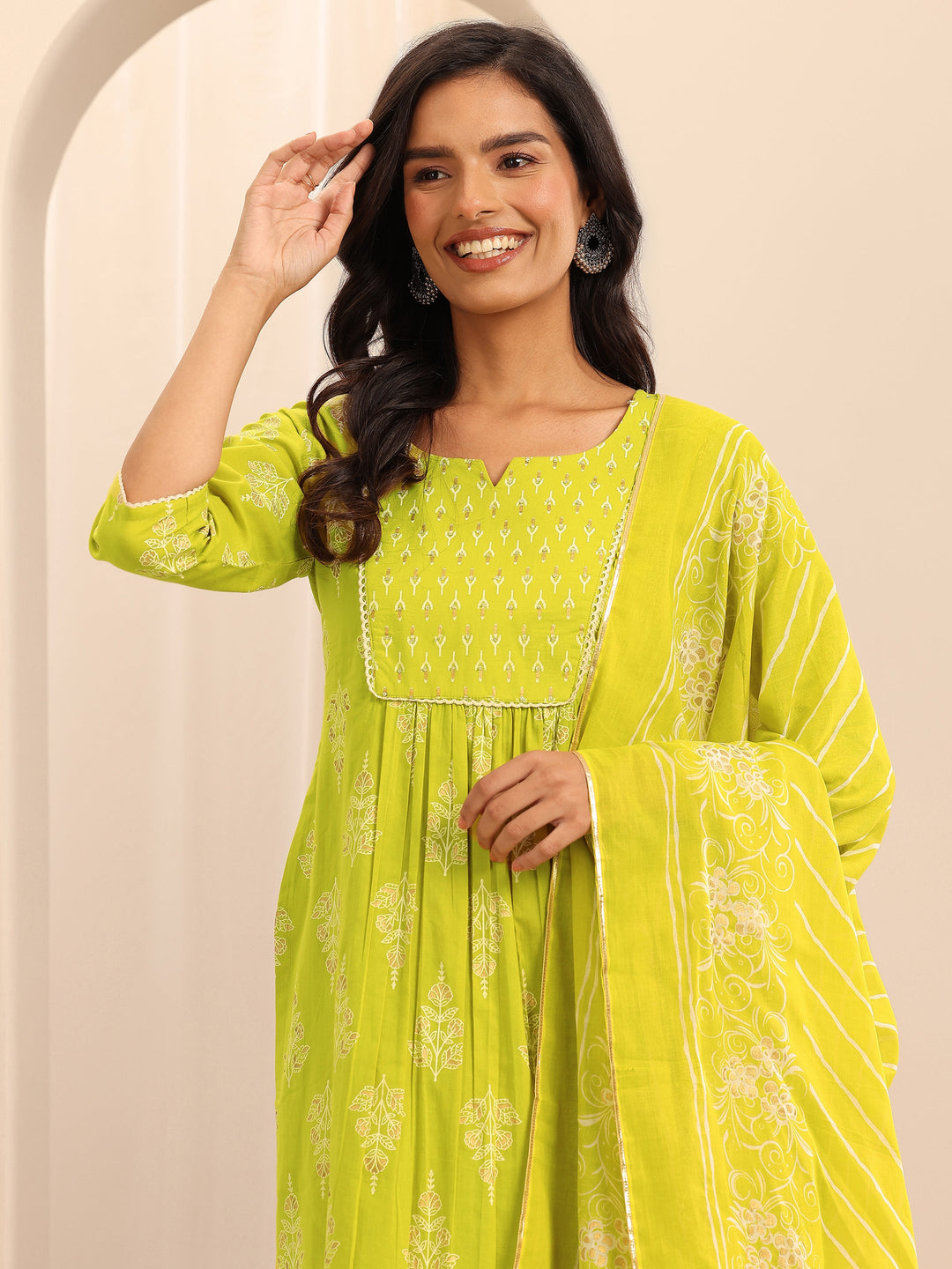 Green Printed Cotton Straight Suit Set With Dupatta