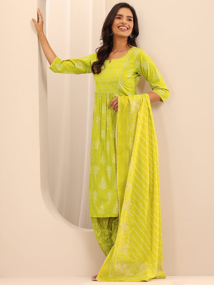Green Printed Cotton Straight Suit Set With Dupatta