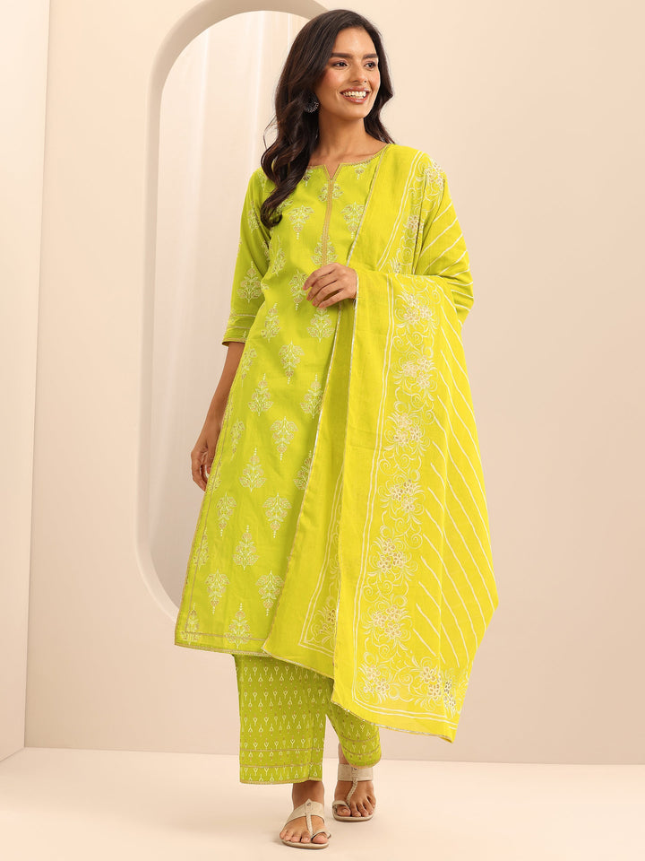 Green Printed Cotton Straight Suit Set With Dupatta