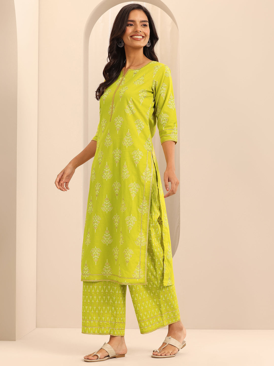 Green Printed Cotton Straight Suit Set With Dupatta
