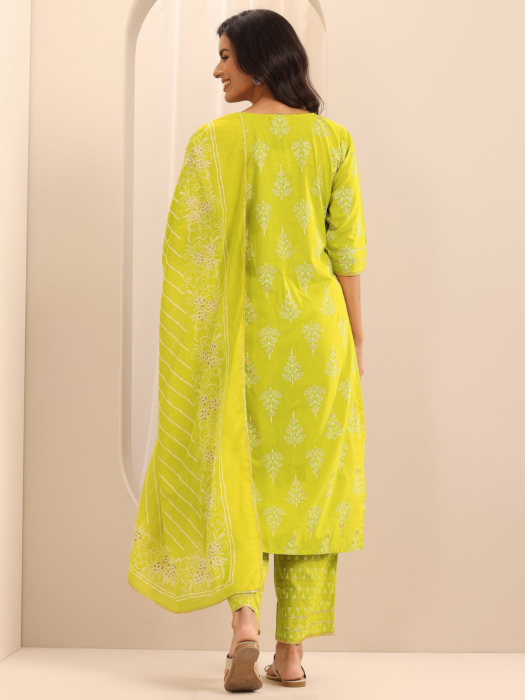 Green Printed Cotton Straight Suit Set With Dupatta