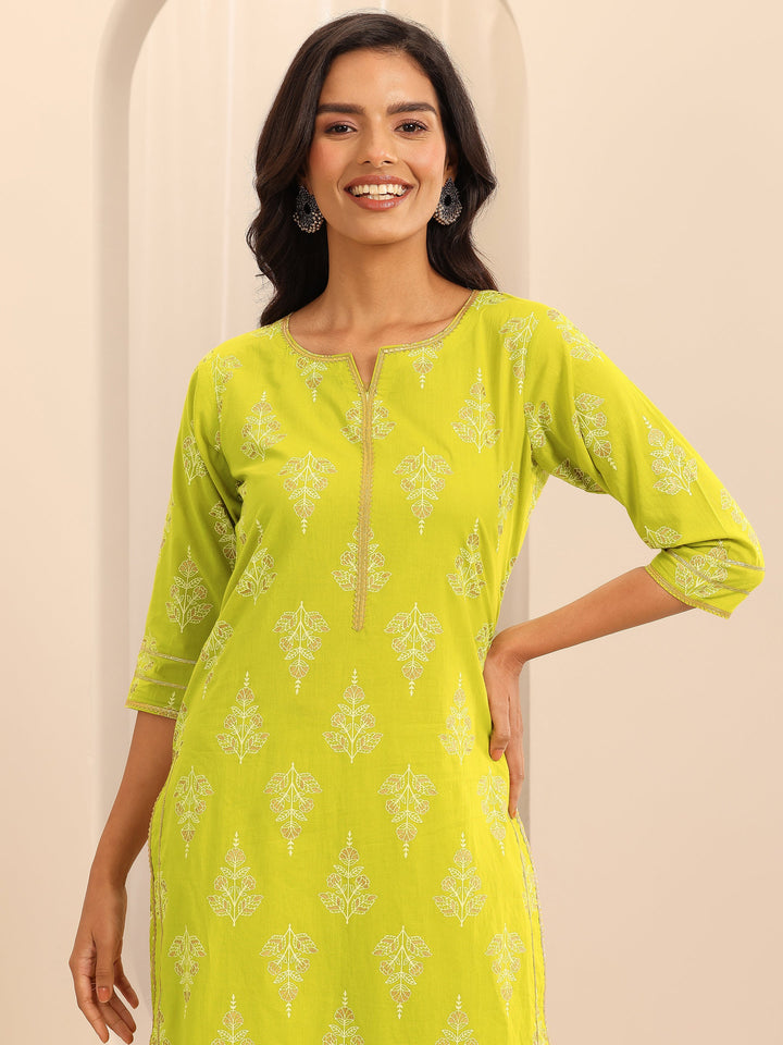 Green Printed Cotton Straight Suit Set With Dupatta