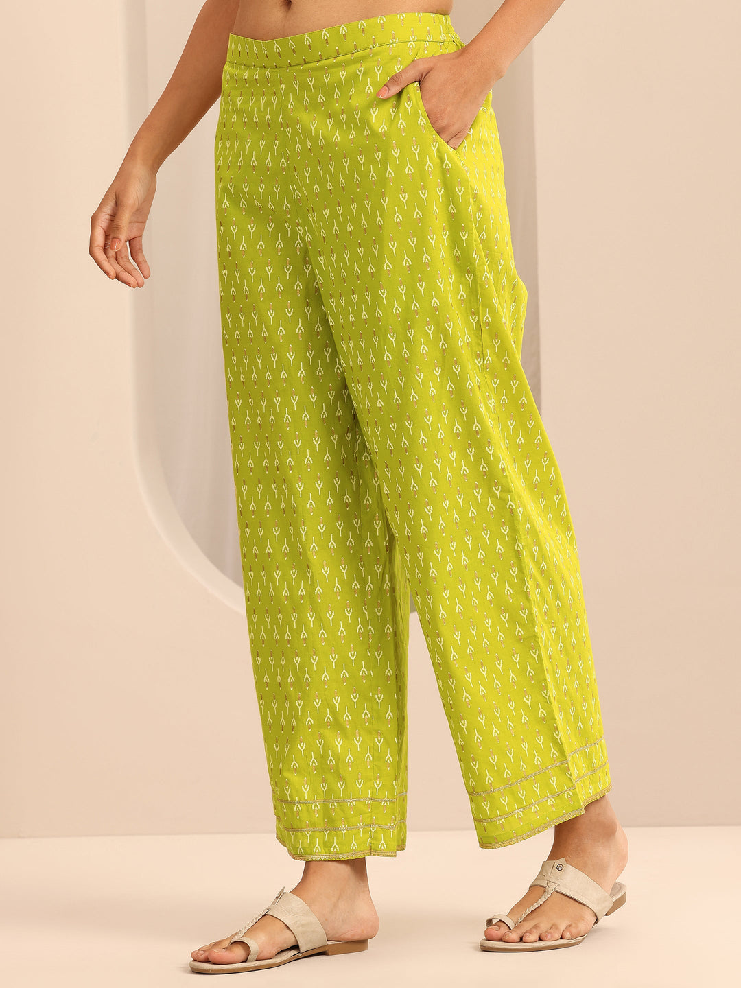 Green Printed Cotton Straight Suit Set With Dupatta