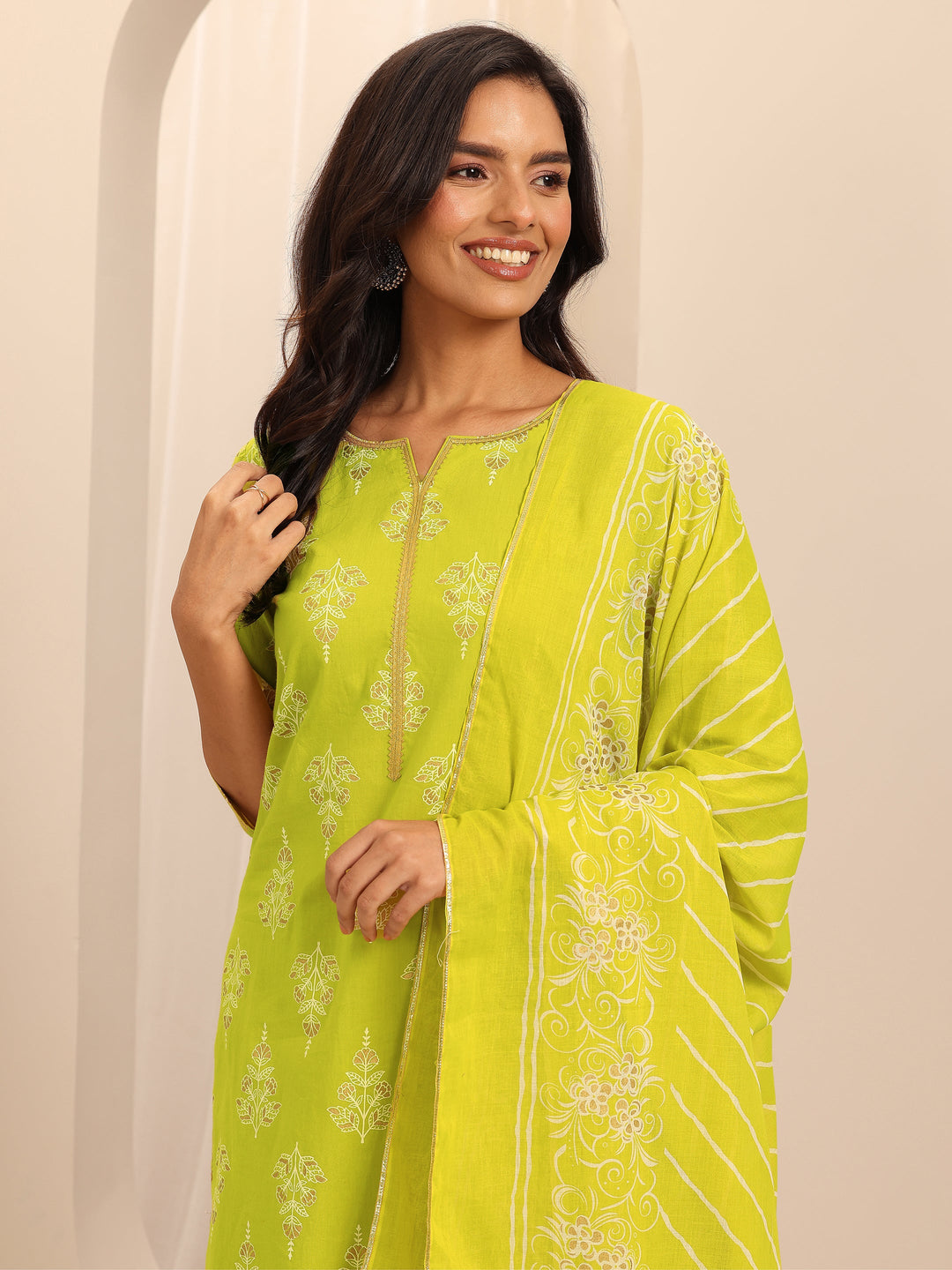 Green Printed Cotton Straight Suit Set With Dupatta
