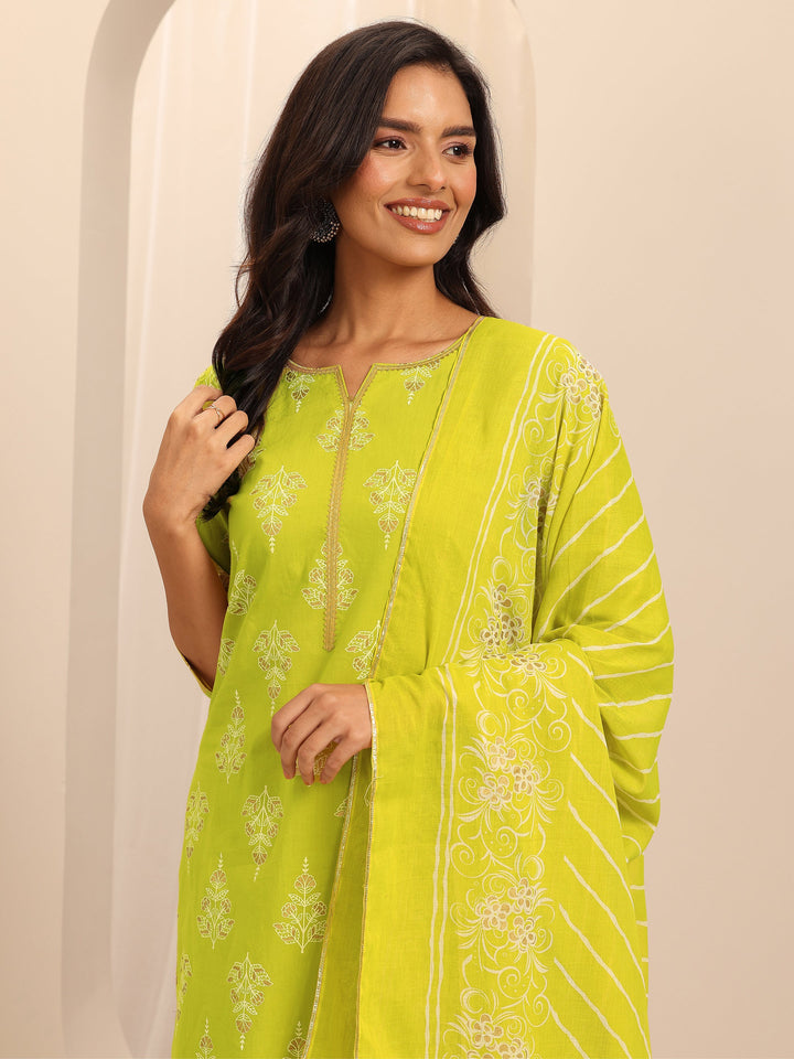 Green Printed Cotton Straight Suit Set With Dupatta