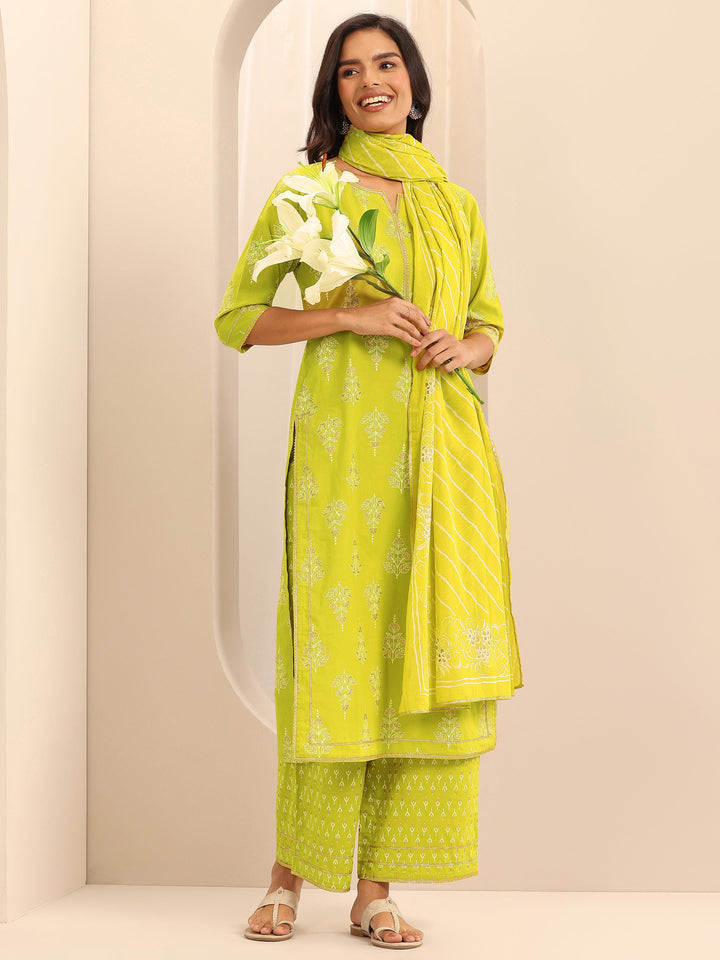 Green Printed Cotton Straight Suit Set With Dupatta
