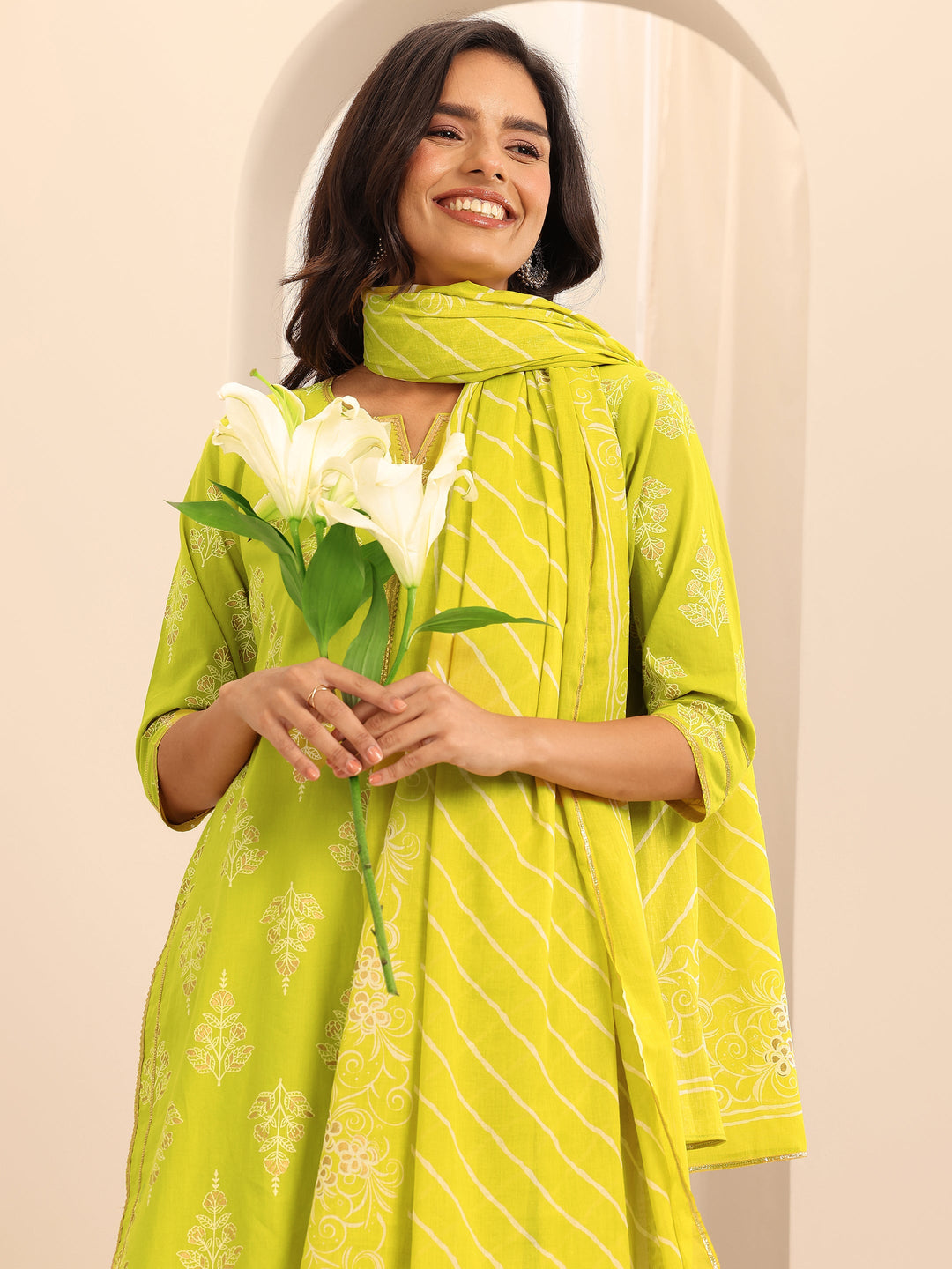 Green Printed Cotton Straight Suit Set With Dupatta