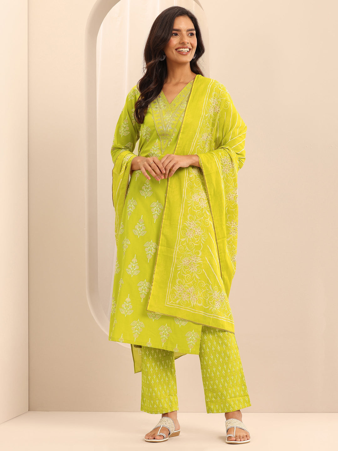 Mustard Printed Cotton Straight Suit Set With Dupatta