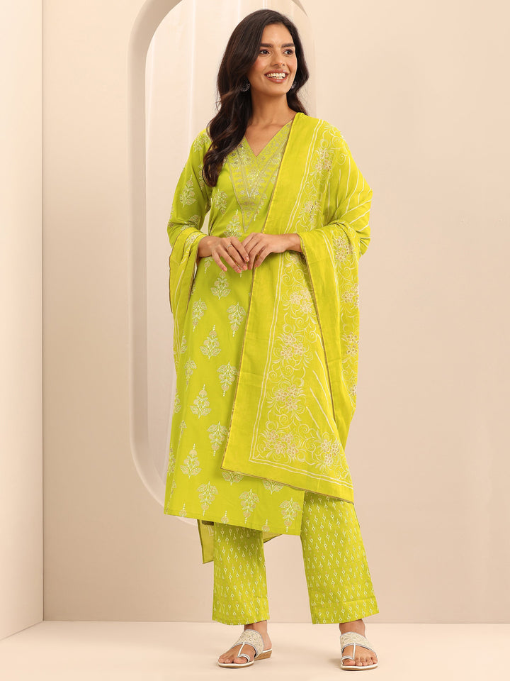 Mustard Printed Cotton Straight Suit Set With Dupatta