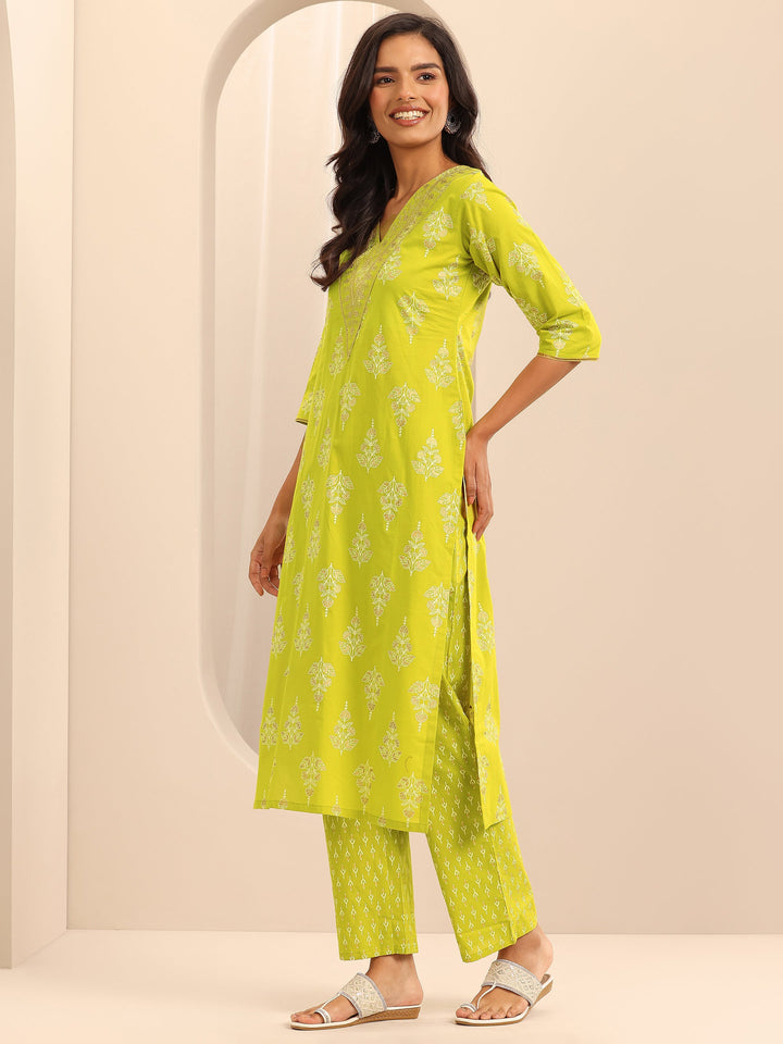 Mustard Printed Cotton Straight Suit Set With Dupatta