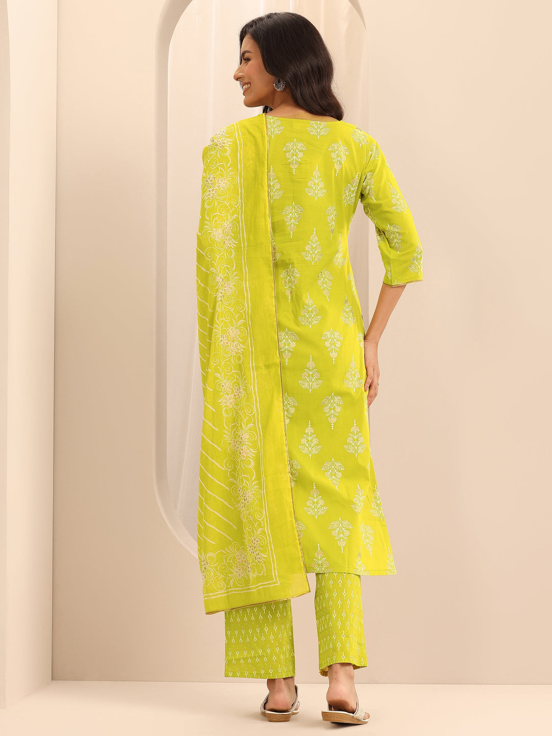 Mustard Printed Cotton Straight Suit Set With Dupatta