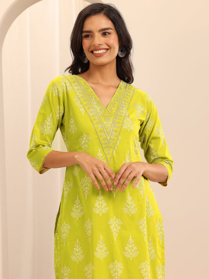 Mustard Printed Cotton Straight Suit Set With Dupatta