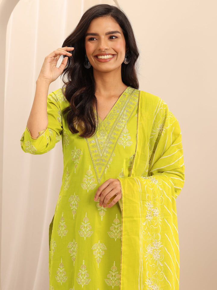 Mustard Printed Cotton Straight Suit Set With Dupatta