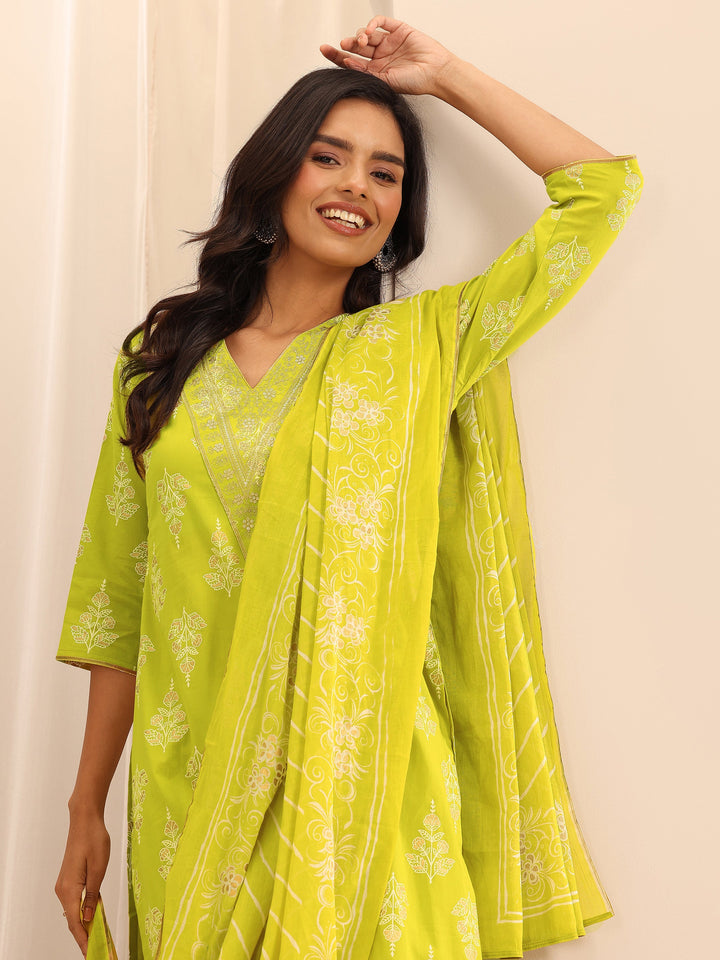 Mustard Printed Cotton Straight Suit Set With Dupatta