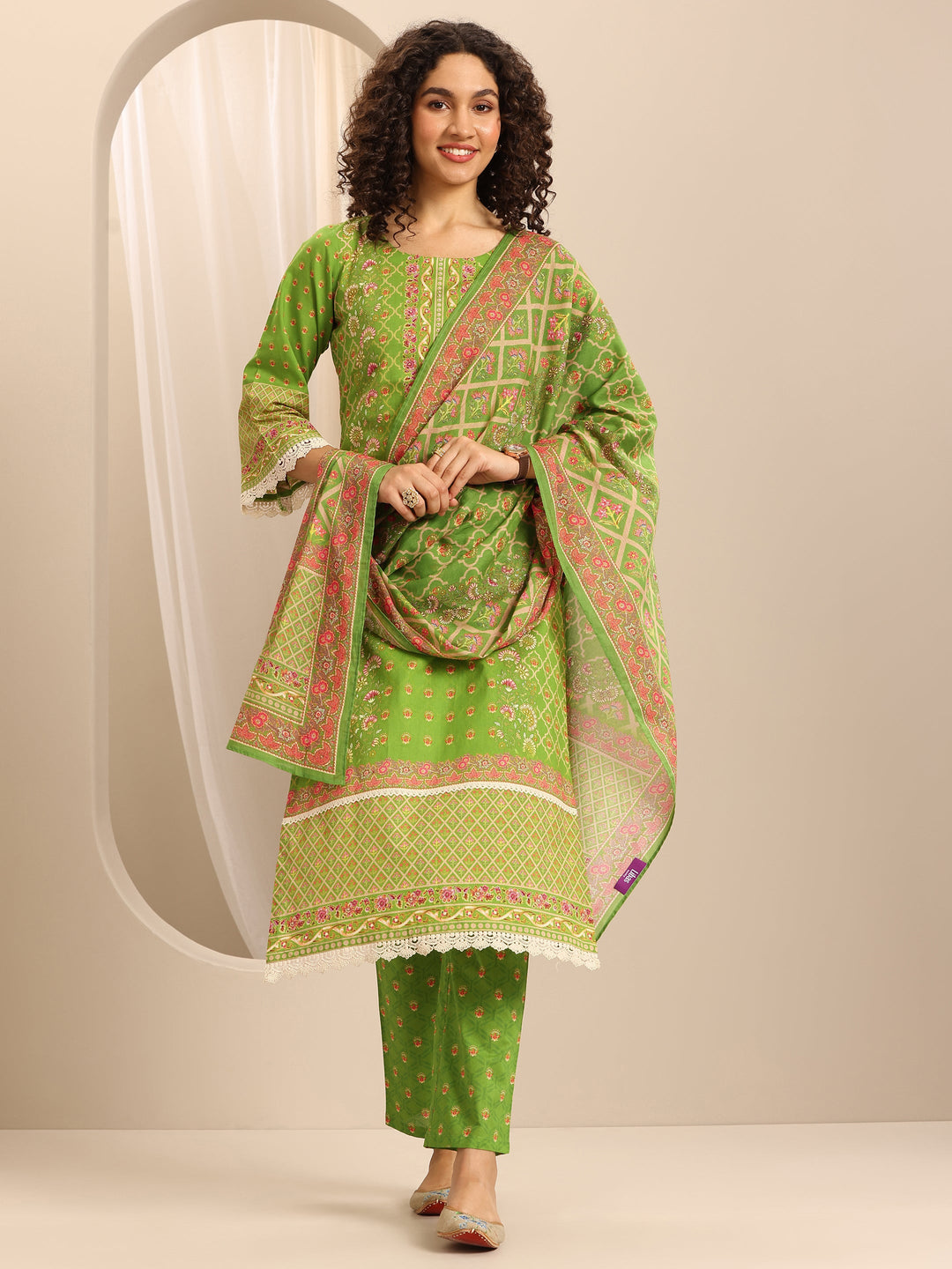Green Printed Cotton Blend Straight Suit Set With Dupatta