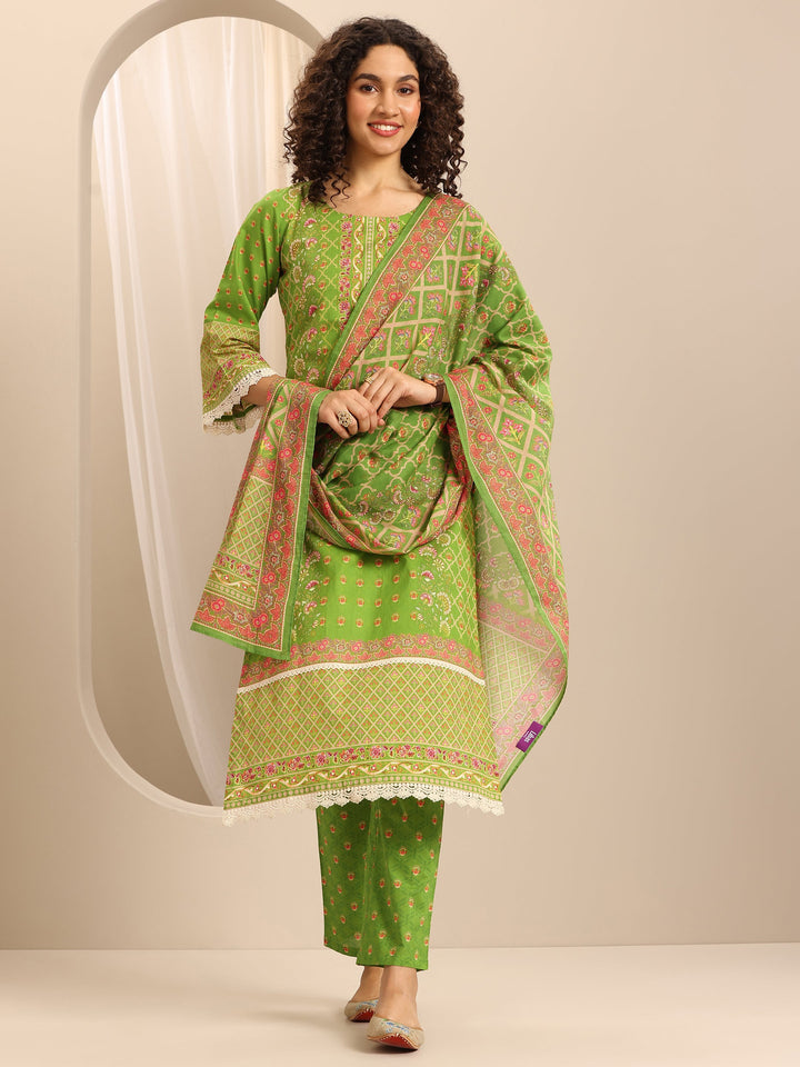Green Printed Cotton Blend Straight Suit Set With Dupatta