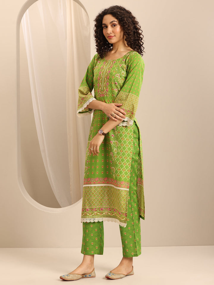 Green Printed Cotton Blend Straight Suit Set With Dupatta