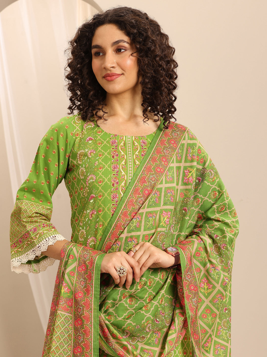 Green Printed Cotton Blend Straight Suit Set With Dupatta