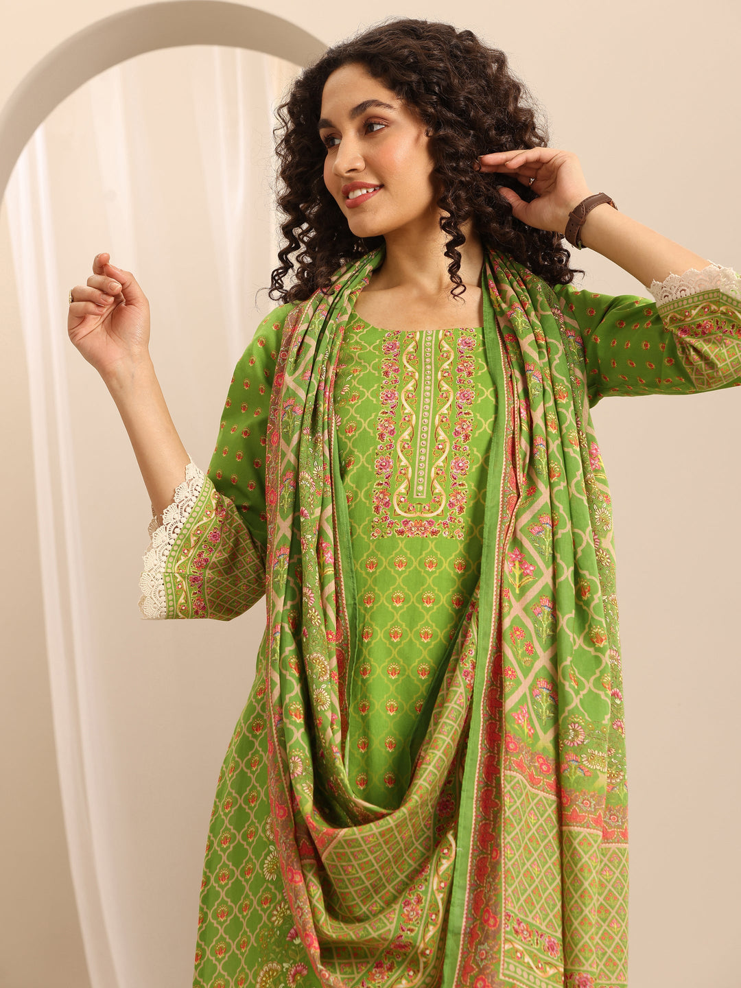 Green Printed Cotton Blend Straight Suit Set With Dupatta
